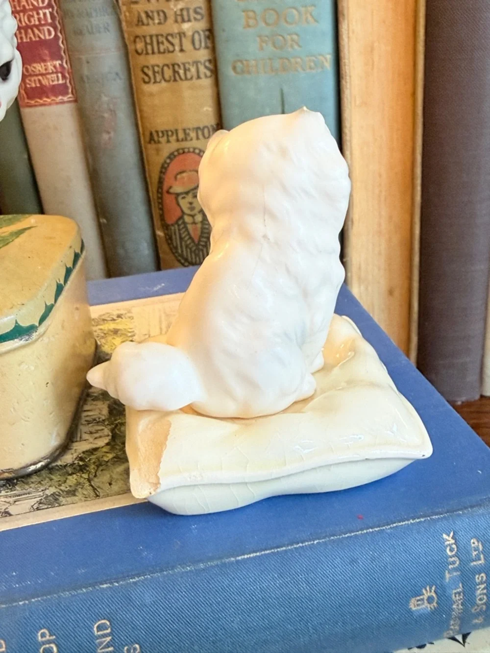 Vintage White Ceramic Kitten on Pillow Figurine with Mama Cat